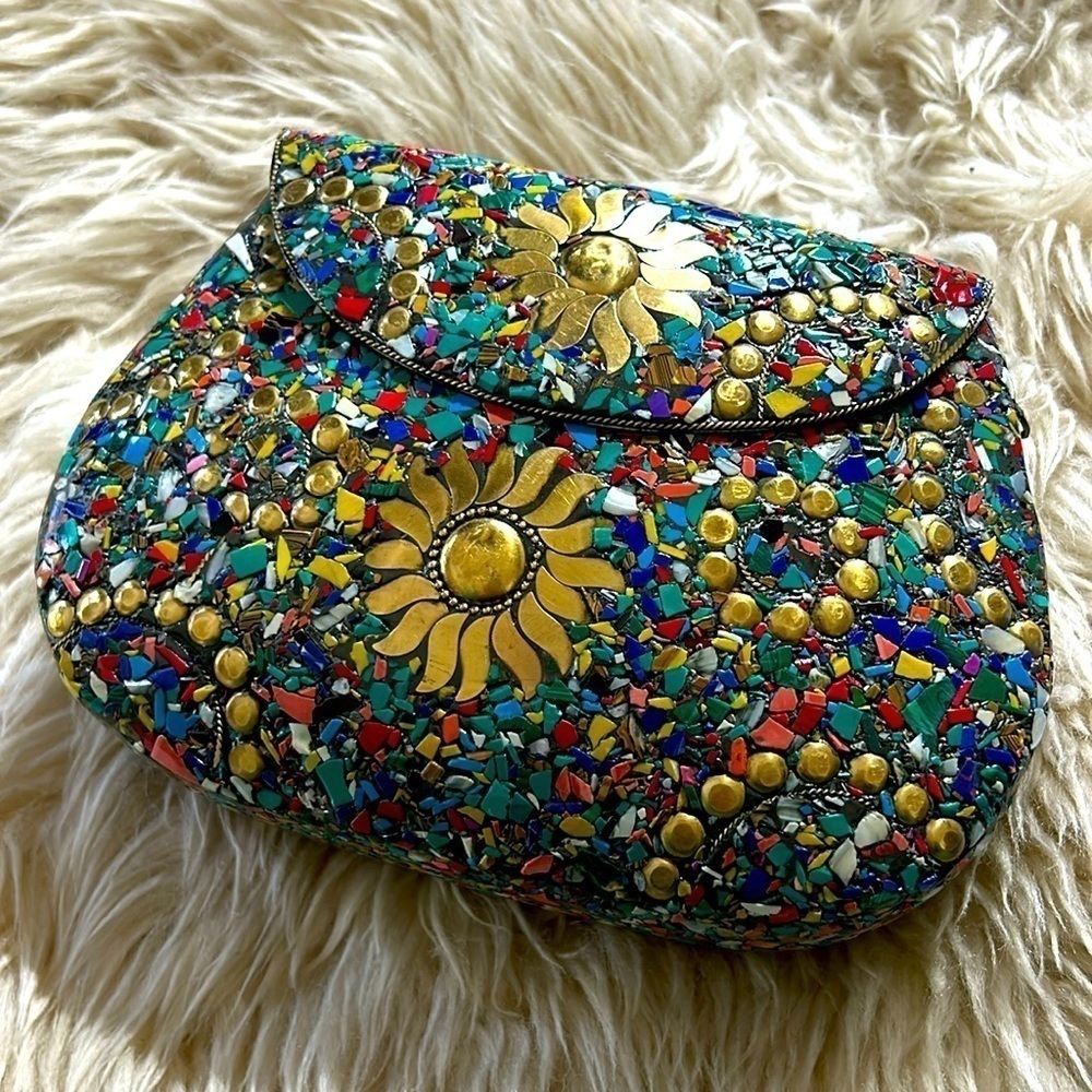 RAMLA Bel Air mosaic multicolor sunflower clutch shoulder evening bag new